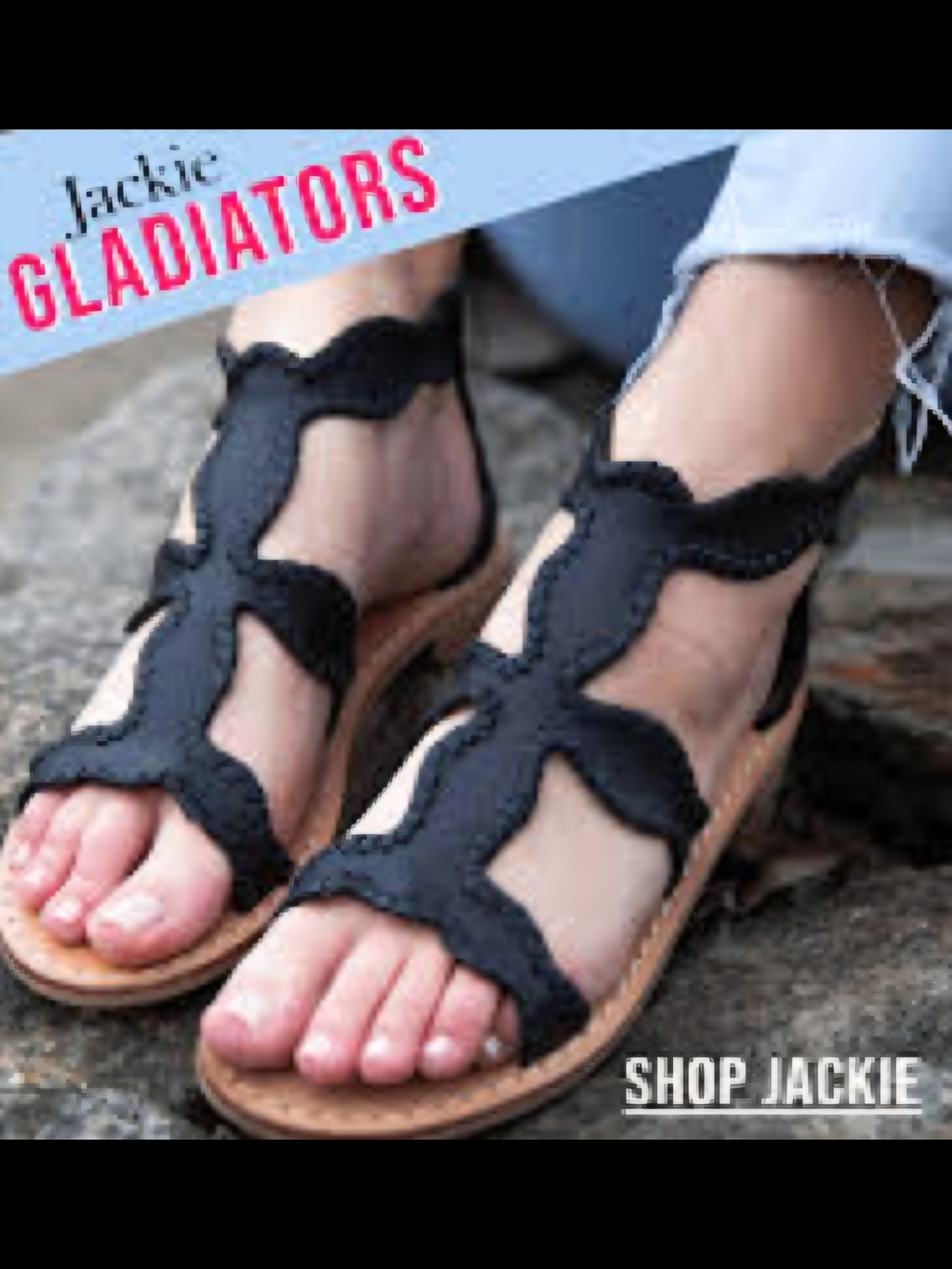 Jack Rogers Jackie Scalloped Gladiator Sandals in Black and Tan